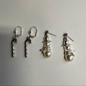 Silver earrings Christmas snowman candy cane Holliday